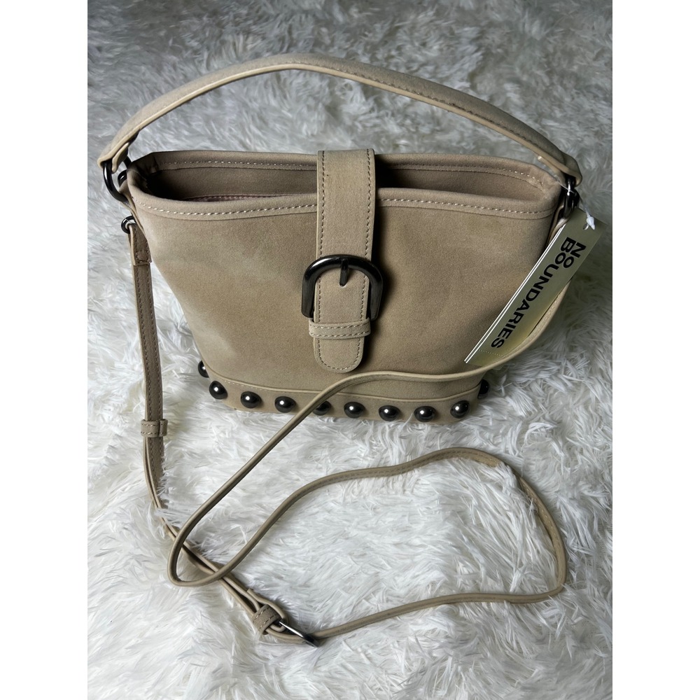 No Boundaries Moto Bucket Bag Beige Studded Crossbody Shoulder Purse NWT